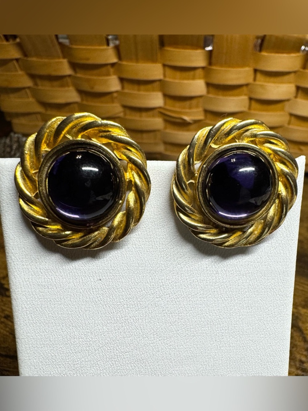 Vintage Purple Cabochon Swirl Gold Tone Clip On Earrings